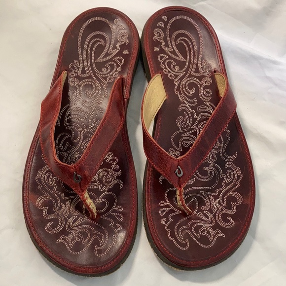 OluKai Shoes - OluKai red Paniolo leather upper flip flops size 9
